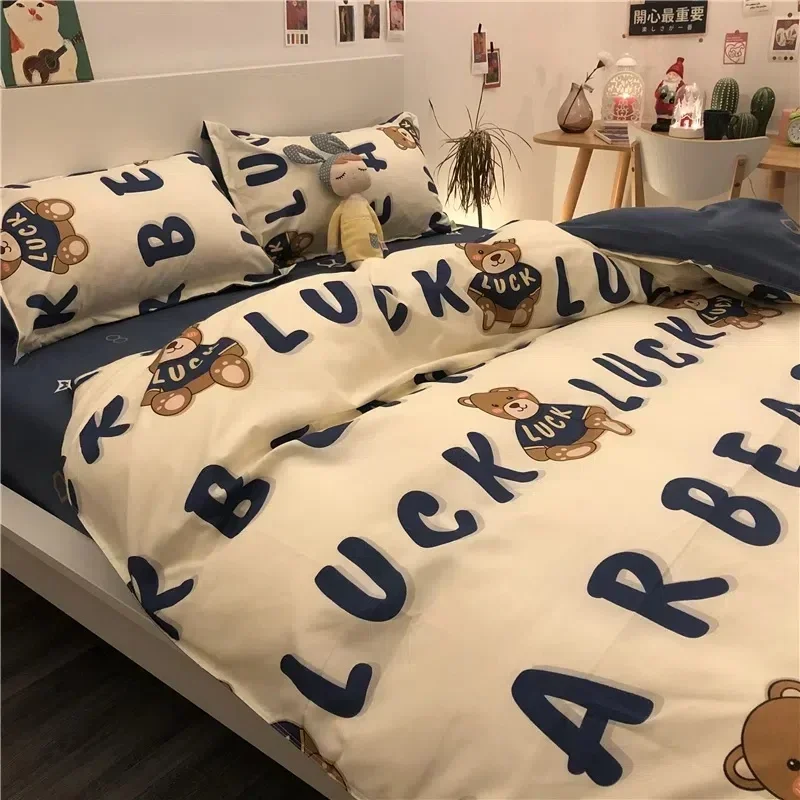 Boys and Girls' Bear Bed Set Fashion Adult Children's Bed Linen Duvet Cover Pillow Case Cute Cartoon Bear Polyester Plate