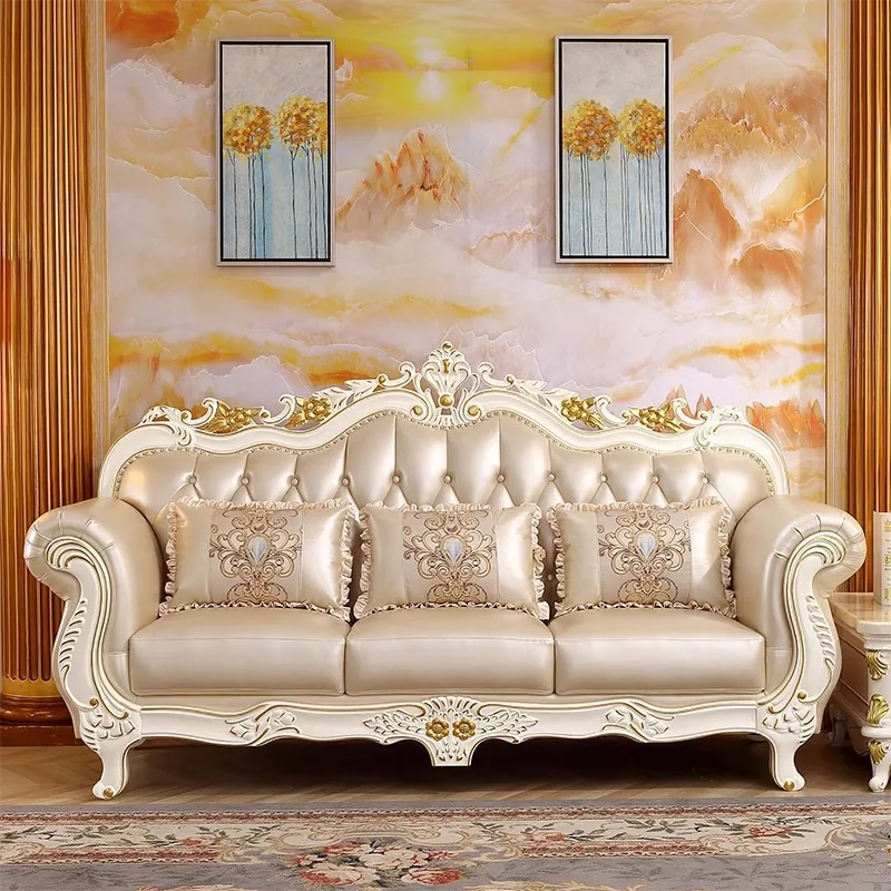 HYS leather combination leather sofa ivory white living room solid wood carving flower sofa luxury