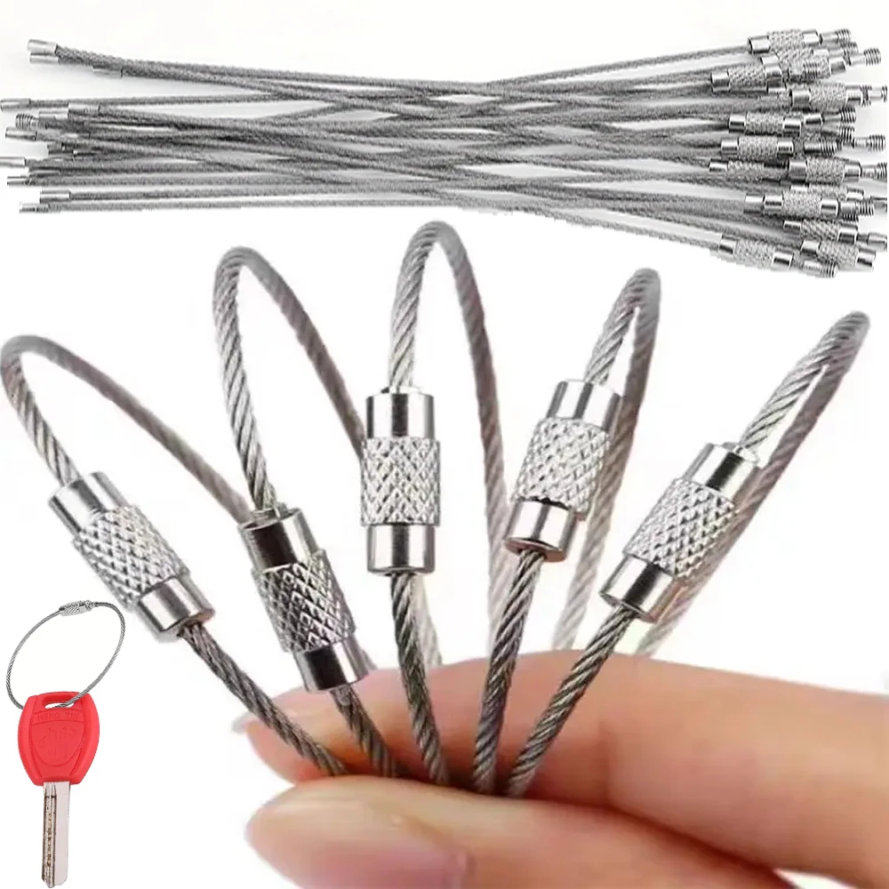 Llavero de Metal con etiqueta, cuerdas, bloqueo de tornillo, Cable de acero inoxidable, llavero, cuerda de alambre, llavero circular, herramienta colgante para campamento, Hardware