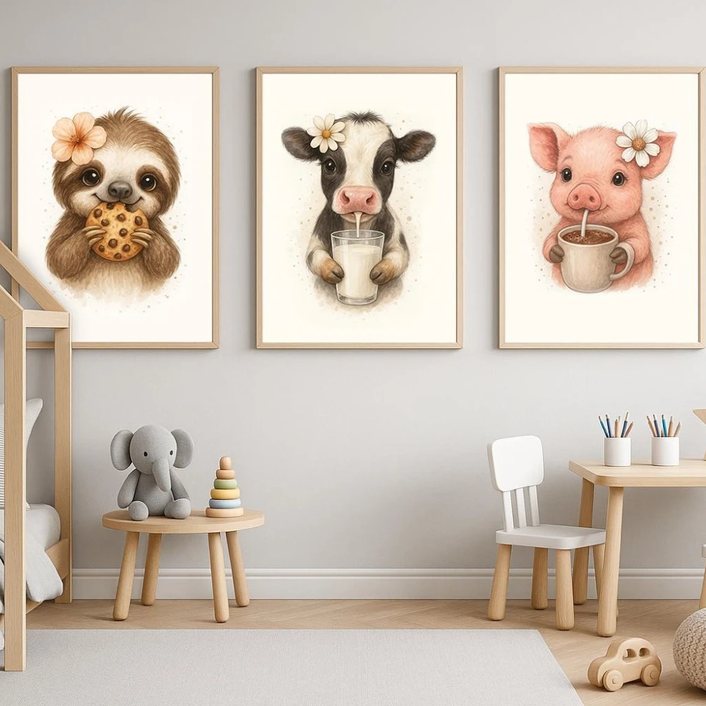 3pcs Cute Animal Art Posters: Sloth, Cow, and Pig Enjoying Cookies, Milk, and Coffee—Decorative Art for Children's Rooms