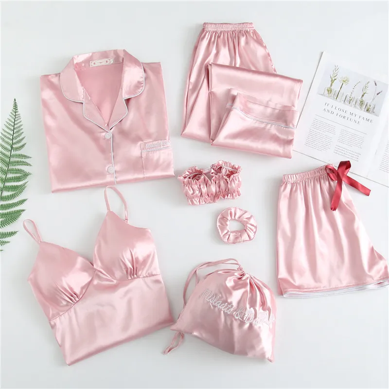 Spring Summer Female 7PCS Pajamas Set Wedding Bride Sleepwear Pijamas Suit Sexy Loose Casual Satin Home Clothes Lounge Wear