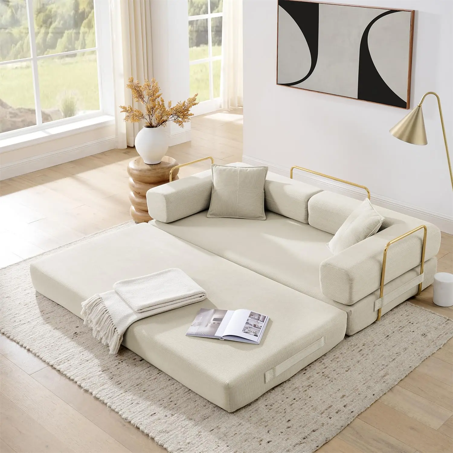 78 Inch Folding Sofa Bed, Corduroy Loveseat Sleeper with Pull Out Bed, Fixed Frame, Modular Floor Futon for Living Room Bedroom,
