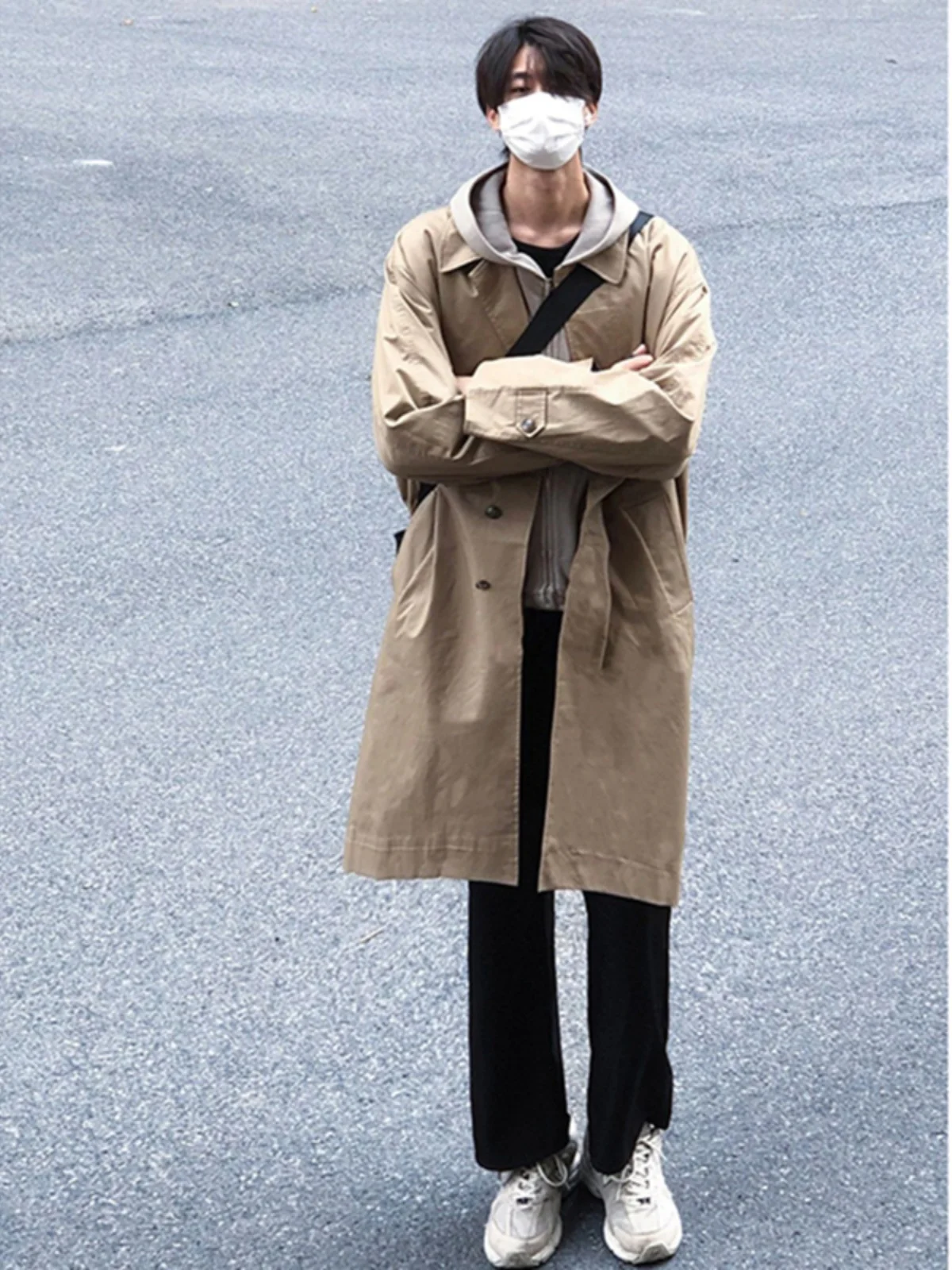 

Khaki Kensington Sle Men's Long Overcoat High-End Feeling Knee-Length Windbreaker Youthful ular Loose Fit Polyester Fiber