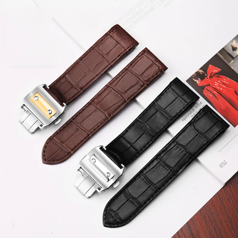 20mm 23mm High Quality Genuine Leather Watch Strap For Cartier Watchband Santos 100 Series Men\'s And Women Folding Buckle