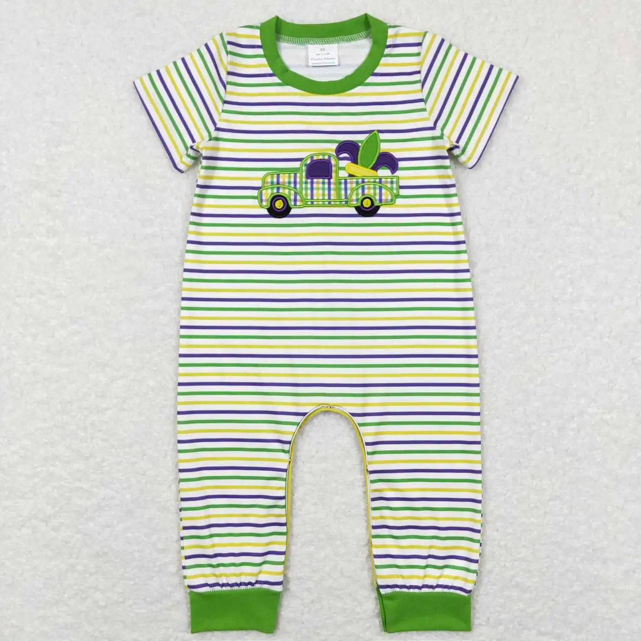 Wholesale hot sale baby kids clothes newborn toddler Carnival embroidery truck purple green yellow striped short-sleeved onesie