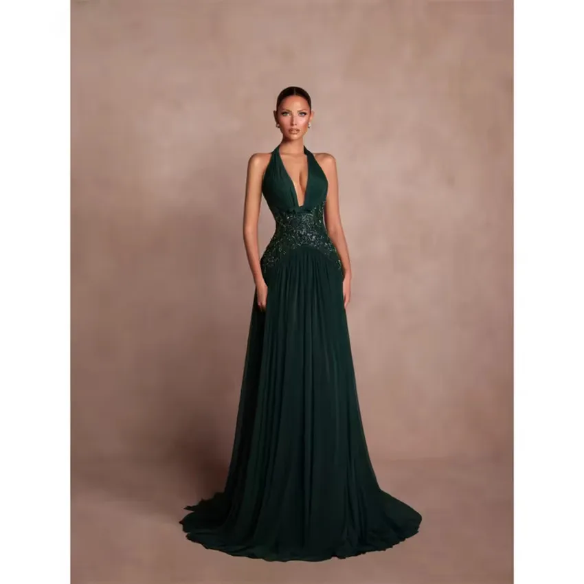 Customized A-Line Halter Neck Prom Dress Dark Green Floor-Length Wedding Party Gown Formal Occasion Vestidos De Noche