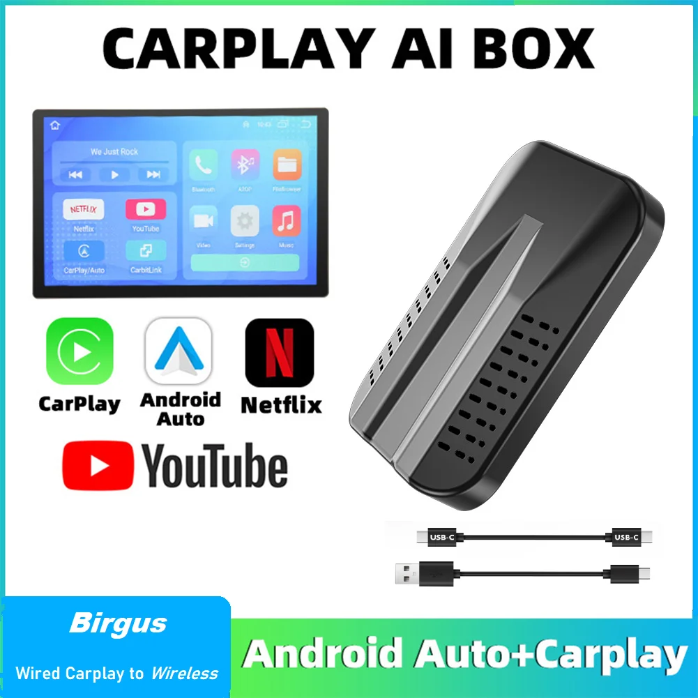 

Birgus Wired Carplay Dongle to Wireless Carplay 5-in-1 Car Multimedia Adapter with Netflix Youtube Android Box