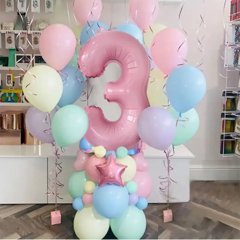 

63 шт., пастельные конфеты, розовый, 1-й, 2-й, 3-й, фольгированный набор воздушных шаров с номером, латексные шары Macaron для девочек, принцессы, детский душ, декор для дня рождения