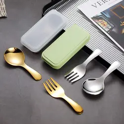 304 Stainless Steel Spoon Fork Set Storage Case Dessert Fruit Tool Cutlery Set Short Handle Kids Tableware