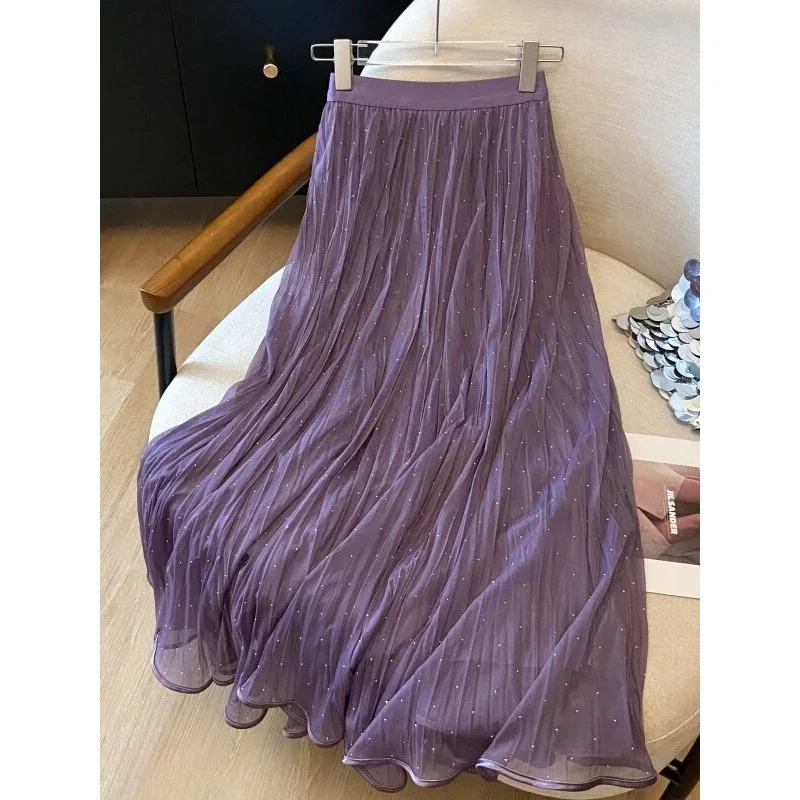 New Purple Sparkle Rhinestone Chiffon Pleated Midi Skirt High-waist Flowy Fairycore A-line Skirt For Women French Vacation Wear