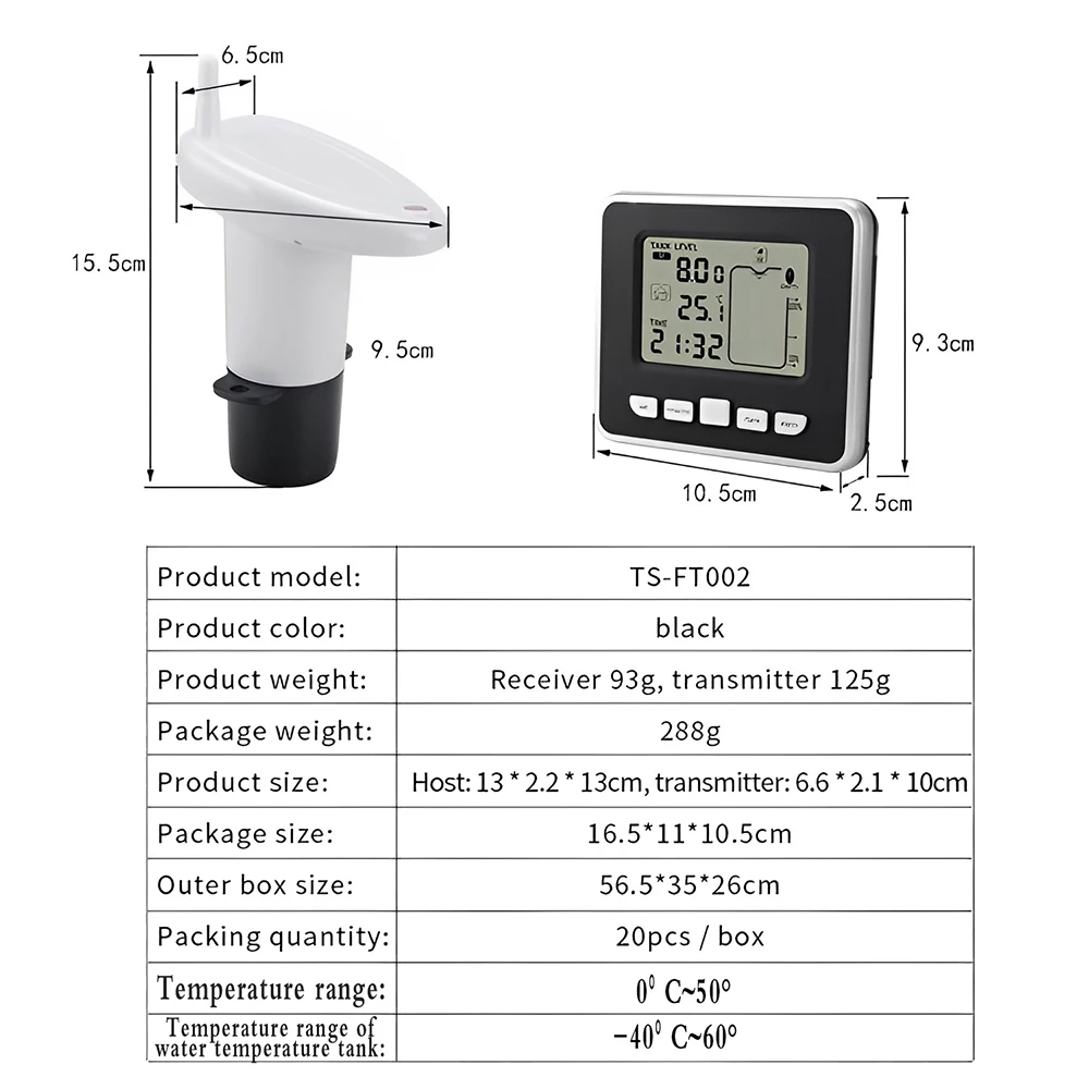 FT002 Wireless Ultrasonic Water Tank Liquid Level Meter With Temperature Sensor Water Level Time Display Low Battery Indicator