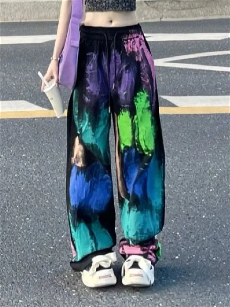 Street Hip Hop Dopamine Colorful Wide Leg Pants for Girls Summer High Waist Drawstring Loose Slimming Trendy Pants