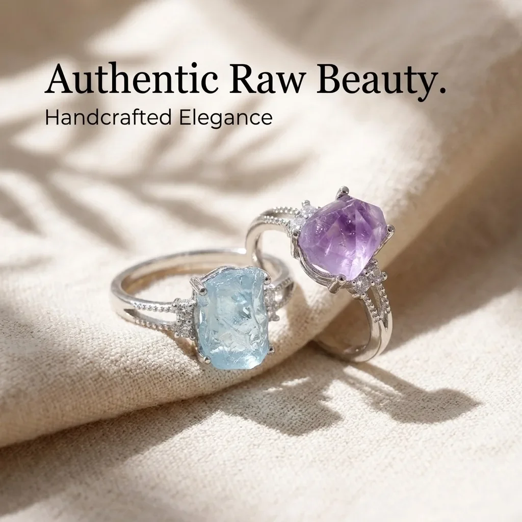 8-10mm Natural Aquamarine Amethyst Flower Raw Crystal Ring Silver Plated Copper Adjustable Rough Gemstone Statement Rings Women