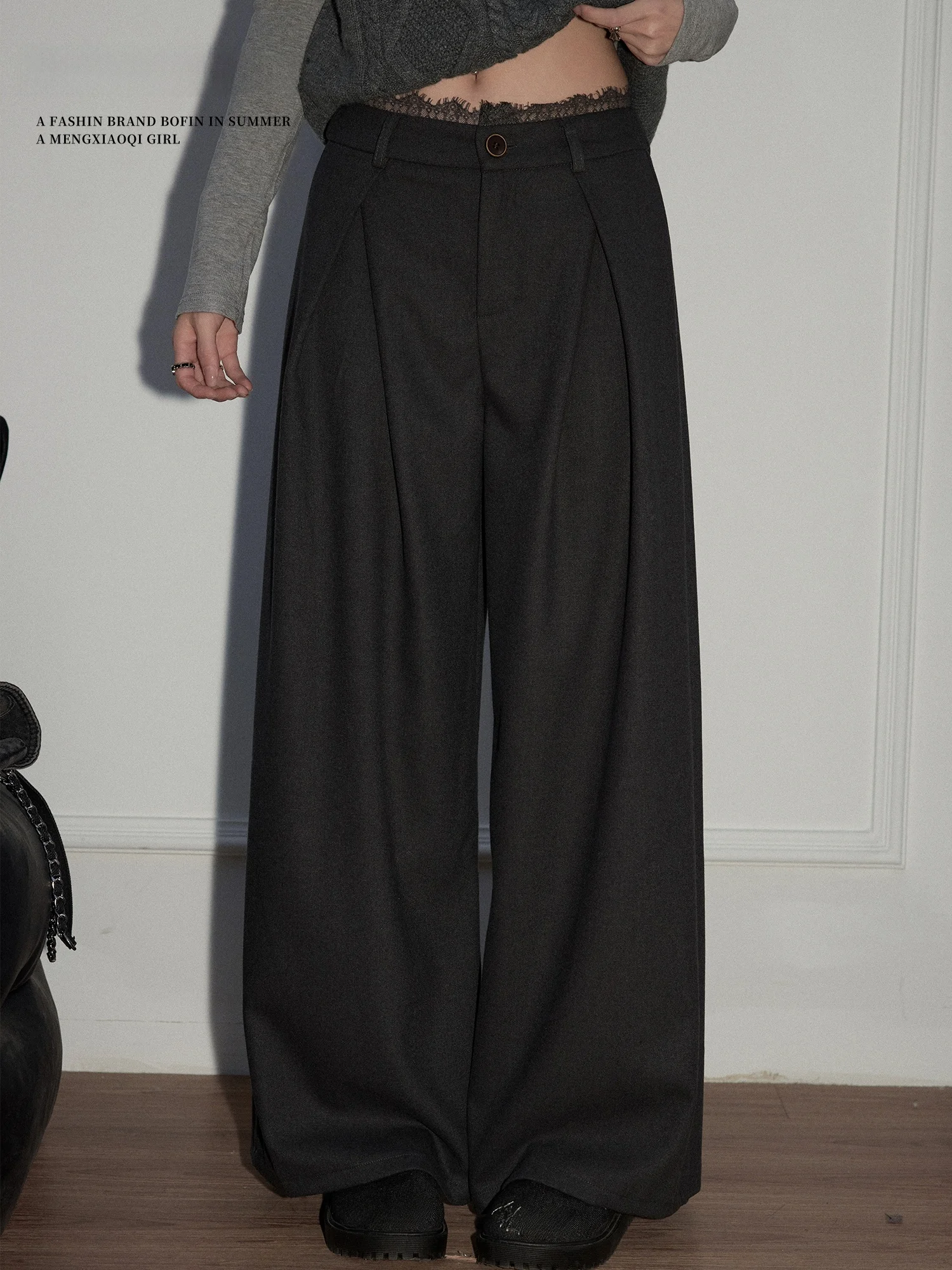 

Женские широкие брюки с высокой талией, кружевными вставками и драпировкой, свободного кроя, повседневные, осенне-зимние, новые, в корейском стиле, костюмные брюки