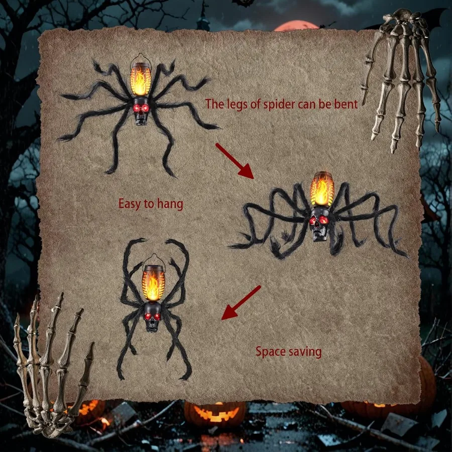 أضواء لهب جمجمة الهالوين تعمل بالطاقة الشمسية مع 8 مخالب عنكبوت للديكور الخارجي مثالية لحفلات الهالوين والحديقة Se