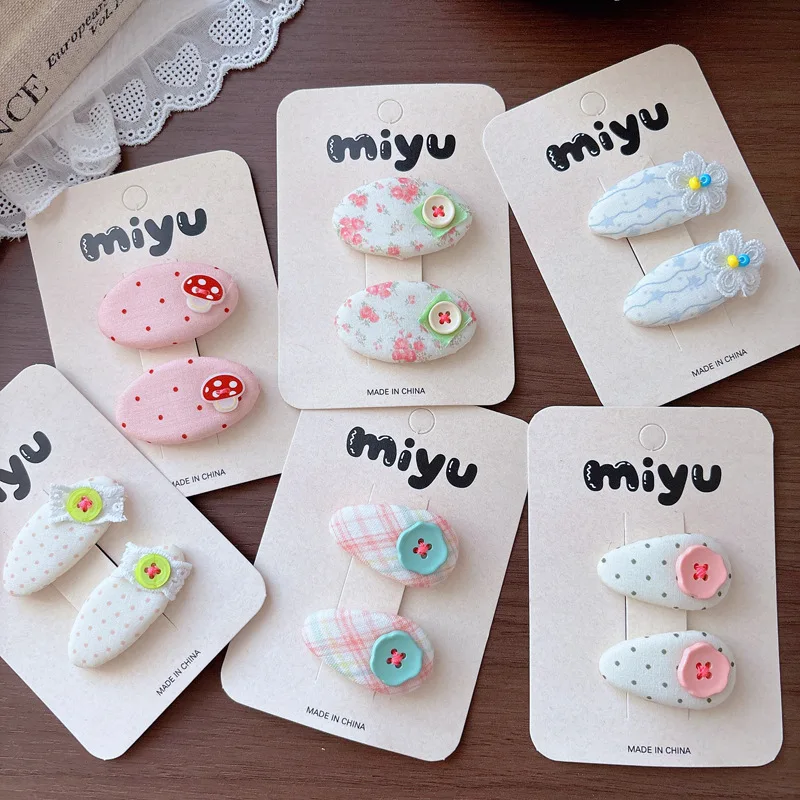 2PC Baby Girls Spotty Hair Clips Cartoon Floral Mushroom Patterns Fringe BB Clips Small Water Drop Kids Bangs Hairpins Headwear