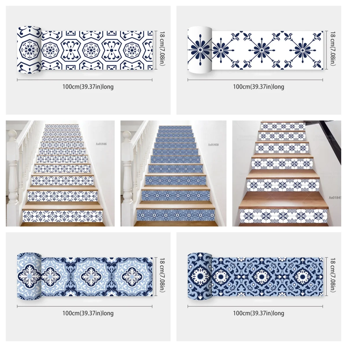 Minimalistische Blaue Blumen-Treppenstufen-Aufkleber Selbstklebende Stufenabdeckung Langlebige Dekoration für Innenbereich Treppen-Sockelleisten-Wandtattoos