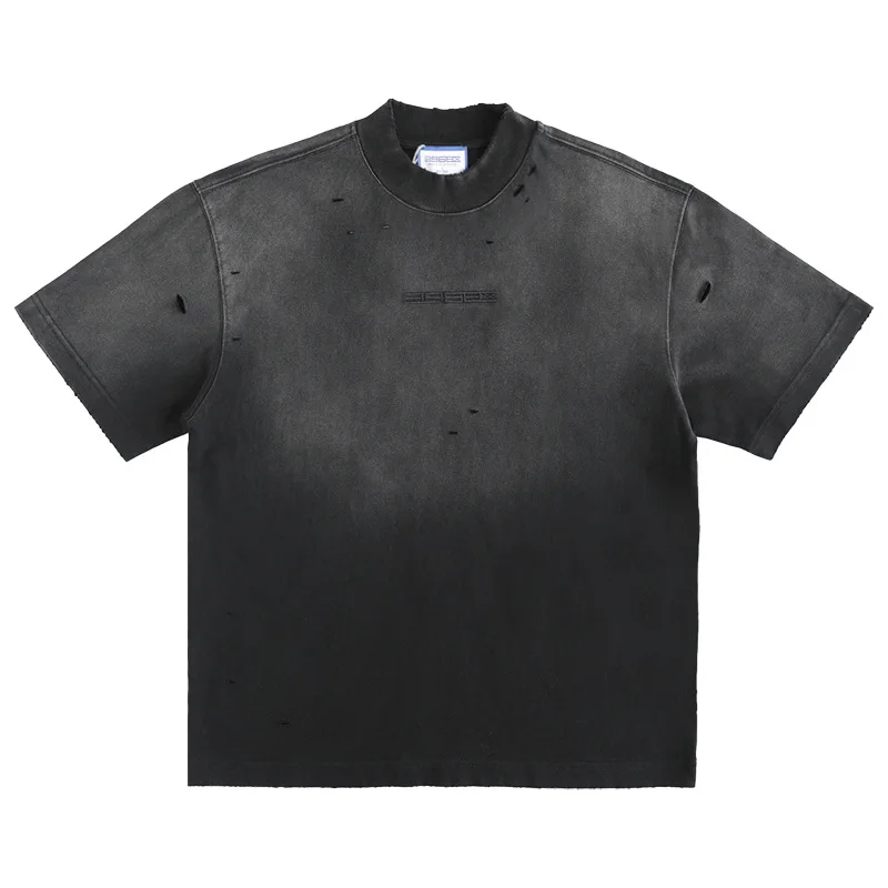 Men's Fashion High Street Oversized Hip Hop T Shirts Streetwear Ripped Vintage Tees Vibe Style Y2K Short Sleeve Tops Retro