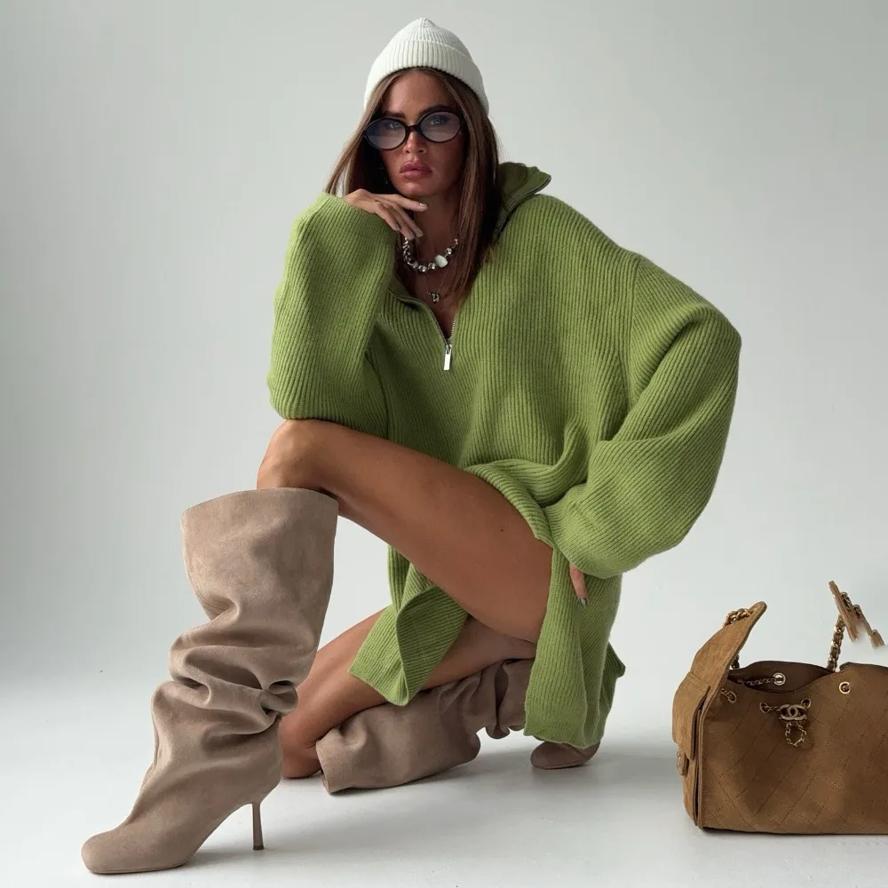 

Длинный вязаный свитер большого размера в ленивом стиле, осенне-зимний женский простой свободный толстый теплый повседневный свитер на молнии на молнии для путешествий