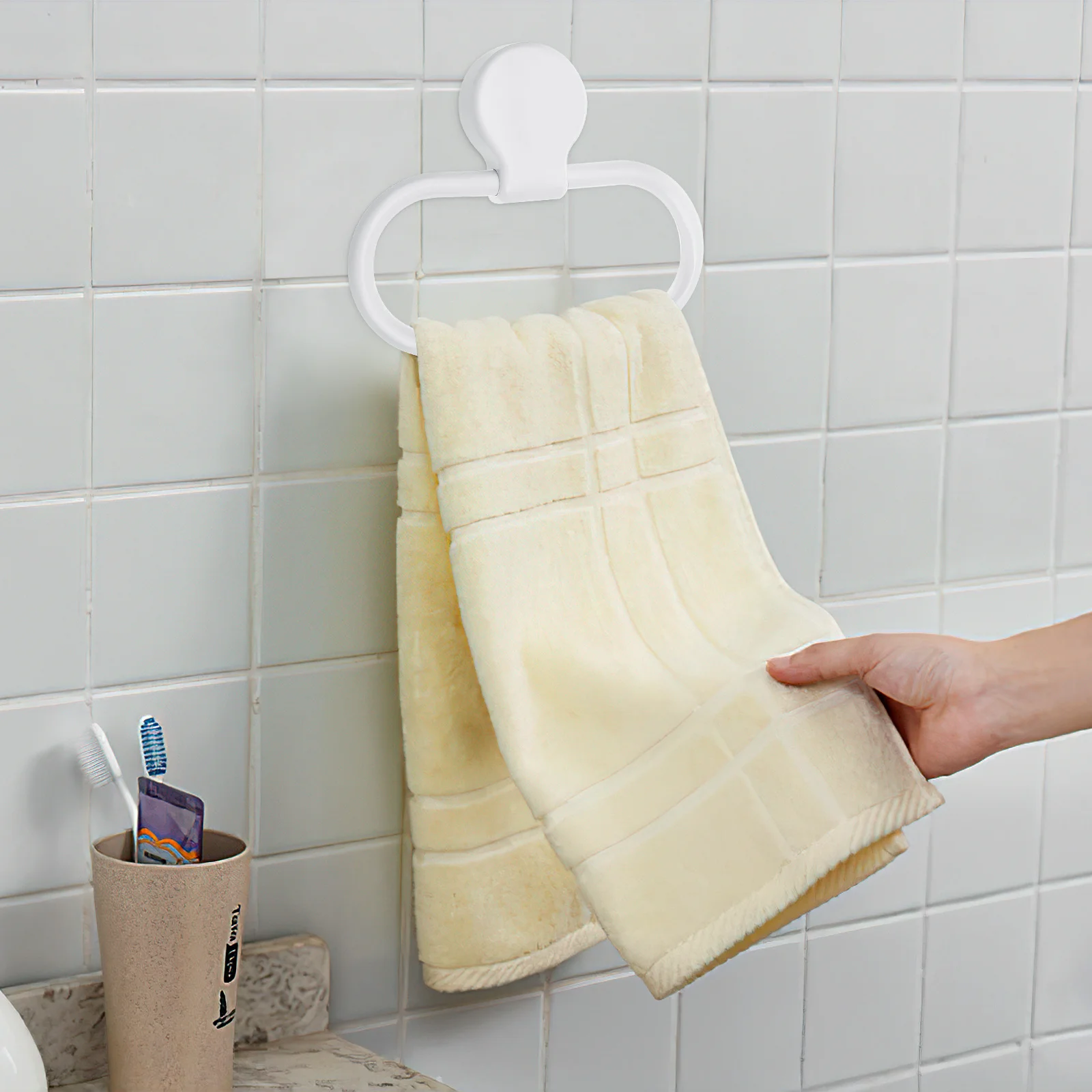 

Premium ABS Towel Ring Self-Adhesive No Drilling Bathroom Kitchen Towel Organizer Easy to Install on Clean Flat Surfaces White