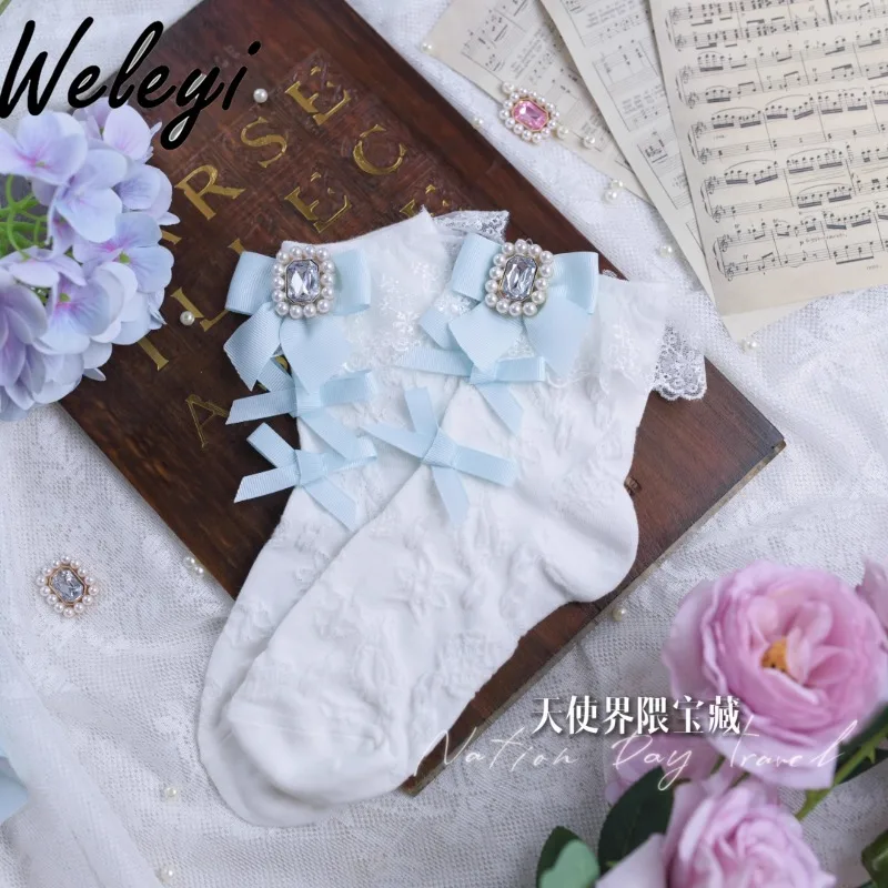 Mass Production Mine Series Japanese Liz Socks 2024 Jirai Kei Student Sweet Lolita Girl Pearl Rhinestone Cotton Short Tube Socks