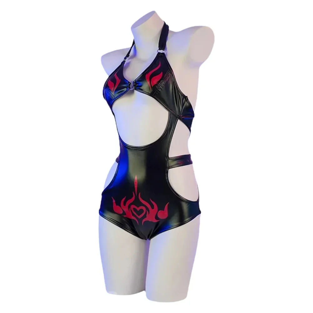 

Women Sexy Cosplay Cyber Assassin Leather Jumpsuit Anime Succubus One Piece Swimsuit Patent Leather Flame Print Swimwear Outfits