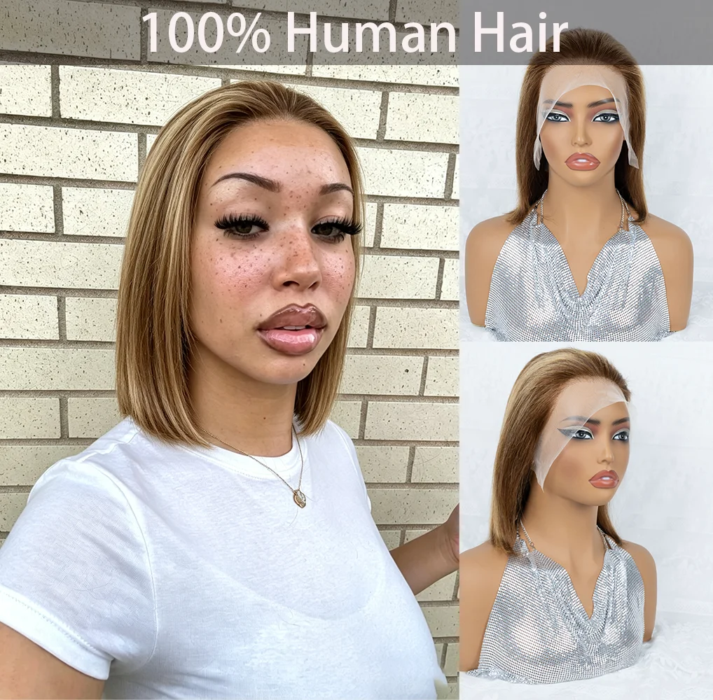 Short Brown with Blonde Highlights Pixie Cut Lace Front Human Hair Wig  Machine Made Short Lace Bob 13*4 Lace Front Wig