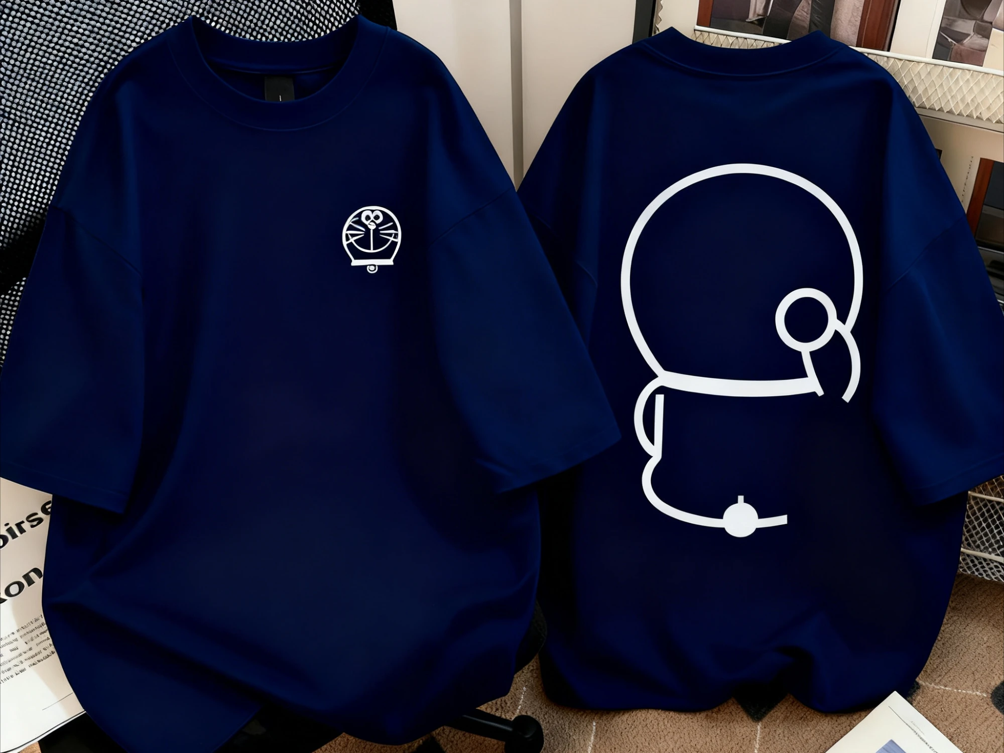 2025 الصيف الاتجاه فضفاض اليابانية الحد الأدنى خطوط الكرتون عبقور قصيرة القطن الخالص كم تي شيرت للرجال والنساء زوجين #6