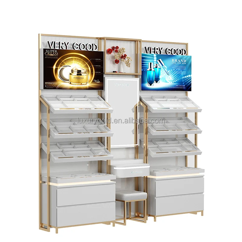 Aangepaste logo parfum muur display glazen flessen metallic parfum display plank supermarkt parfum display standaard