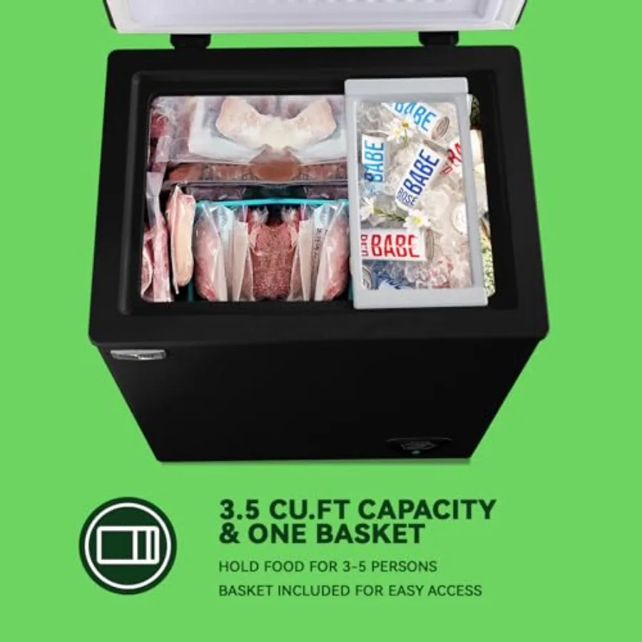 فريزر عميق صغير أسود 3.5 قدم مكعب، فريزر بباب علوي قائم بذاته مع ترموستات قابل للتعديل وسلة قابلة للإزالة مثالية لـ Gara