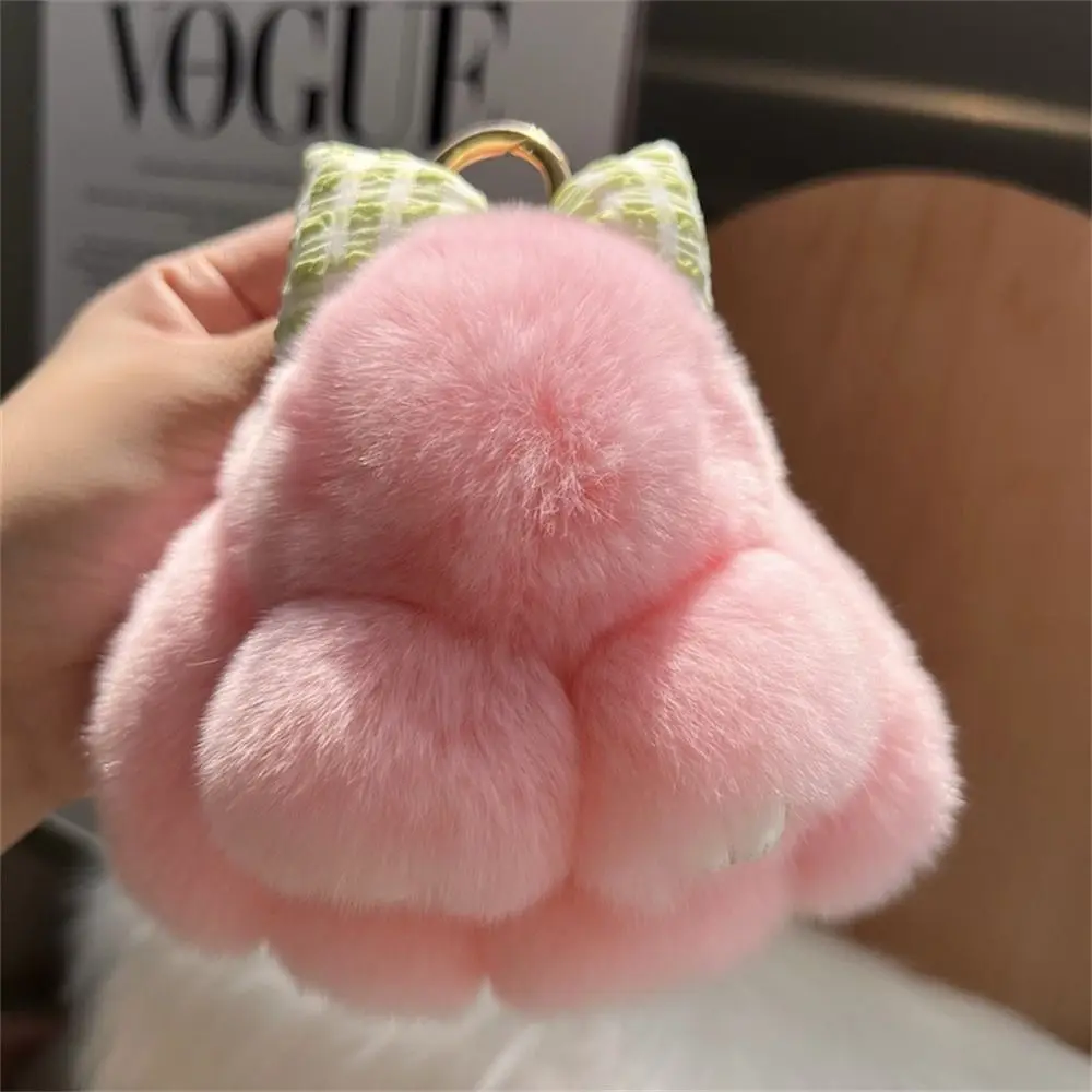 Hair Bow Rabbit Fur Keychain Pompoms Plush Dolls Bunny Keychain Keyholder Alloy Ring Plush Rabbit Key Ring Couple Pendant