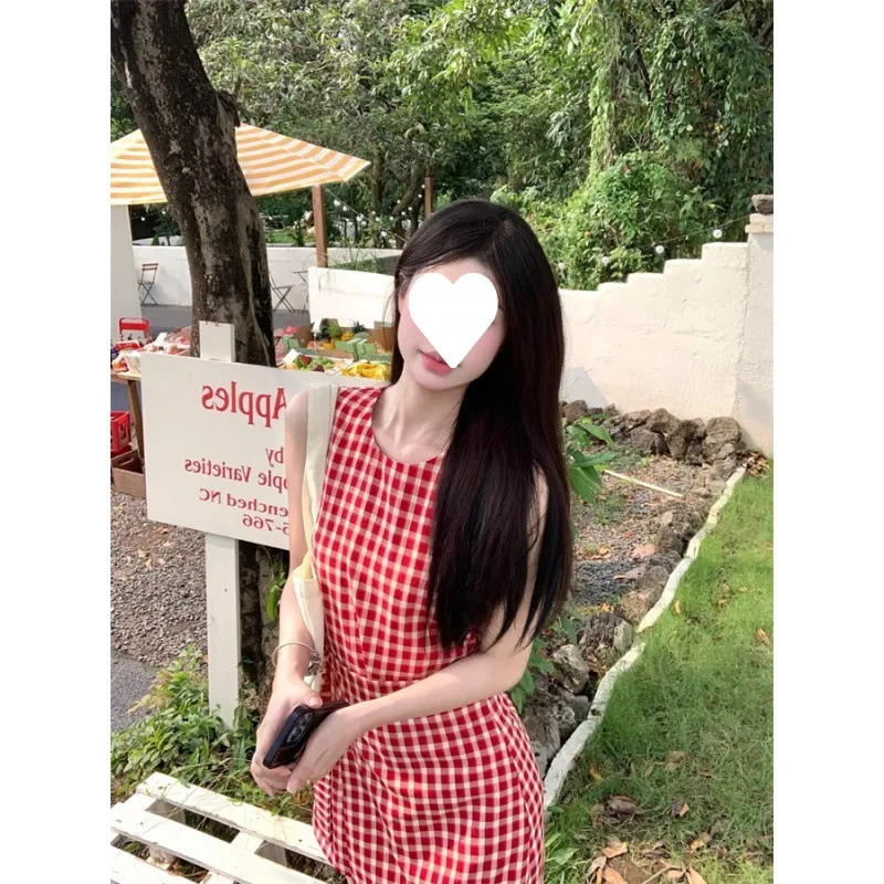 Summer Fashion Short Tank Dress donna Slim Fit Red Plaid gilet senza maniche Mini abiti Backless Solid Shirt Casual Y2k Clothes