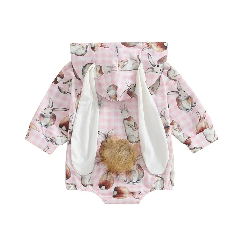 Easter Toddler Girls Clothing Long Sleeve Hooded Bunny Ears Cute Rabbit Pattern Print Baby Pink Bodysuit