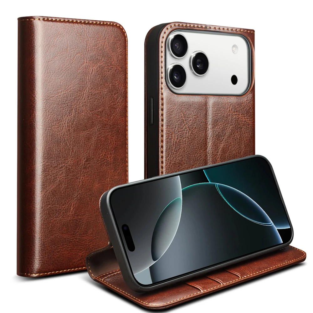 QIALINO Genuine Leather Flip Case for iPhone 18 Pro Bracket Handmade Business Cover with Card Slots for iPhone 18 Pro Max