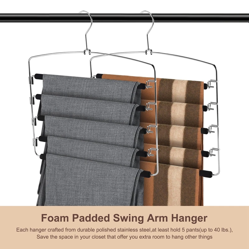 Pants Hangers 5 Layers Metal Slack Magic Hangers Non-Slip Foam Padded Swing Arm Space Saving Hanger Clothes Closet Storage Organ