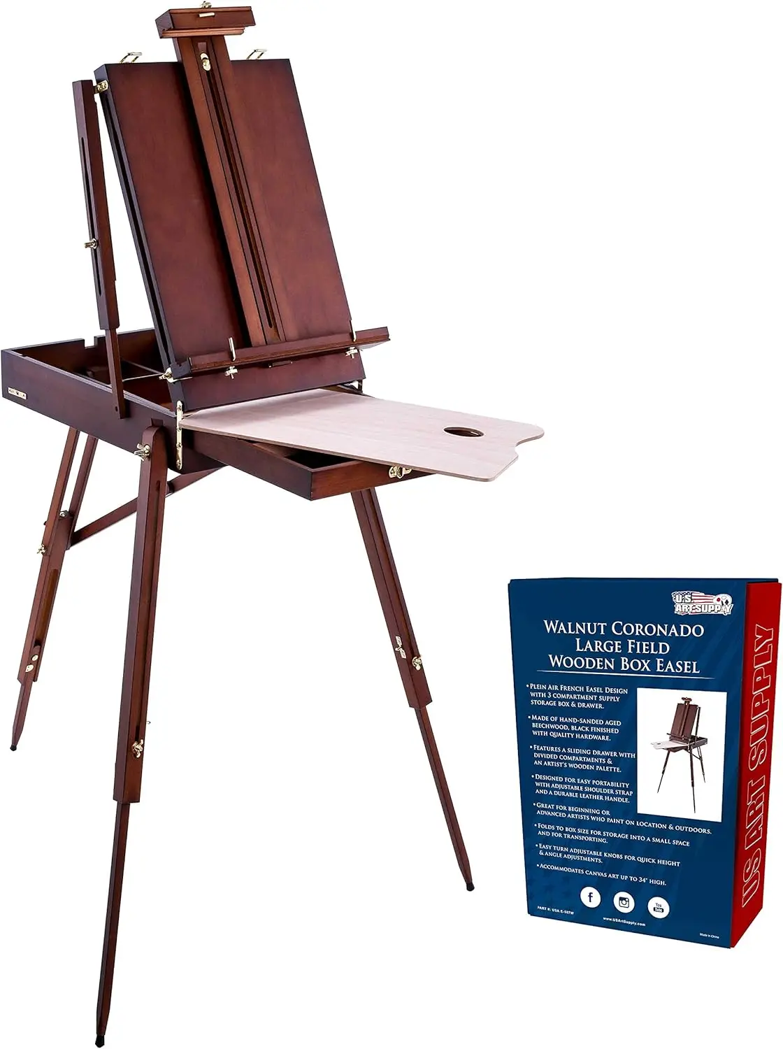 

Large Walnut French Easel, Adjustable Plein Air Easels, Beechwood Sketchbox Tripod for Field & Studio Painting Easel for Adults, Drawing, Display - Portable with Drawer & Palette