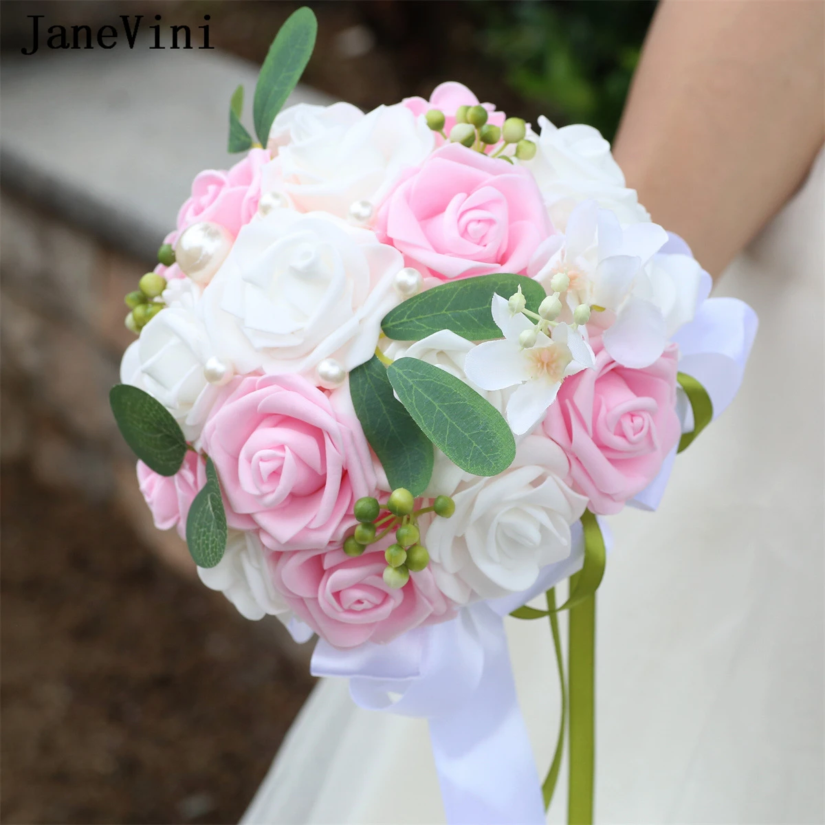 JaneVini Hochzeit Zubehör Foam PE Roses Wedding Bouquet Artificial Blue and White Bridal Bouquet Pearl Pink Purple Bride Flowers