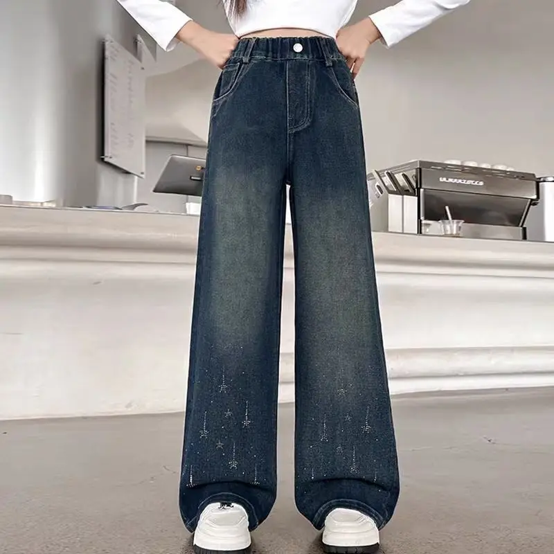 2026 Girls Fleece Lined Wide Leg Jeans Autumn Winter Kids Loose Denim Pants Children Casual Long Trousers