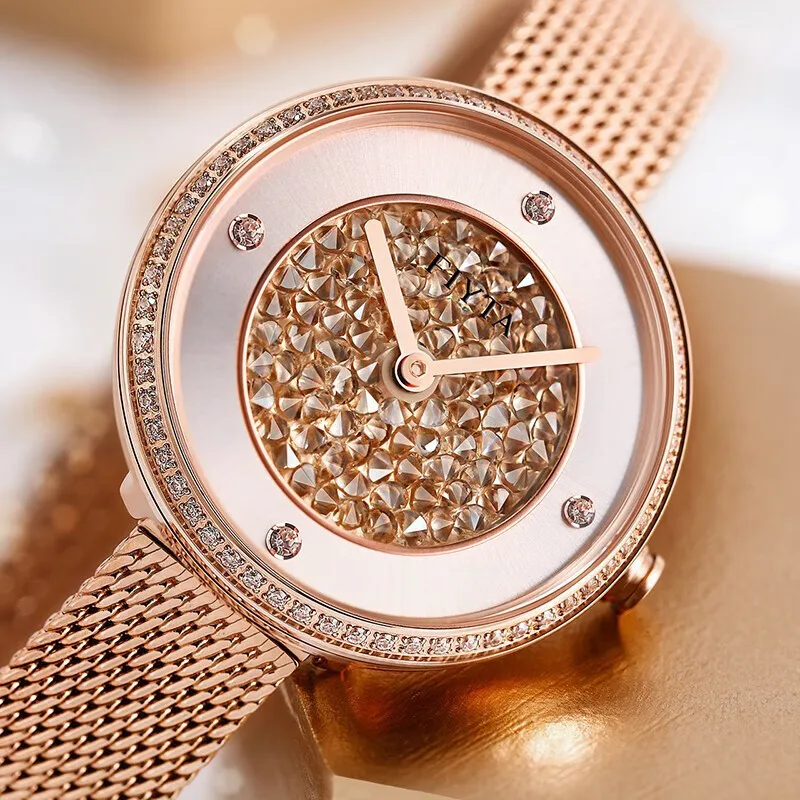 ساعات كوارتز للسيدات من FIYTA، كريستال الياقوت، مقاومة للماء بطول 30 مترًا، ساعات فاخرة وعصرية للنساء