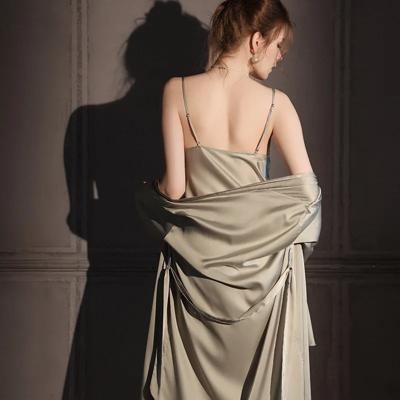 High Quality Classic Solid Nightgowns Women Summer Sexy Nightdress Elastic Satin Pajamas Female Ice Silk 2pcs Suit Nightwear - Image 2