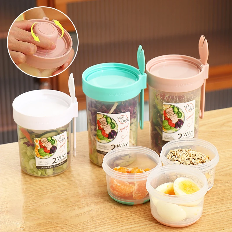 Breakfast Fruit Oat Yogurt Salad Cup With Lid And Spoon Two-layers Food Storage Bento Box Fitness Fat-Reduced Taper Bowl