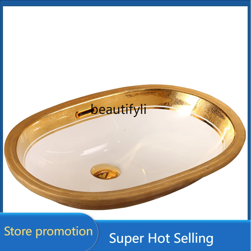 European-Style Drop-in Sink Oval Embedded Golden Bathroom Washbasin Artistic Ceramic Wash Basin