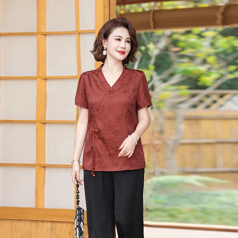 Women's V-Neck Short Sleeve Cheongsam Style Blouse and Wide-Leg Pants Set Casual Elegant Mom Outfit