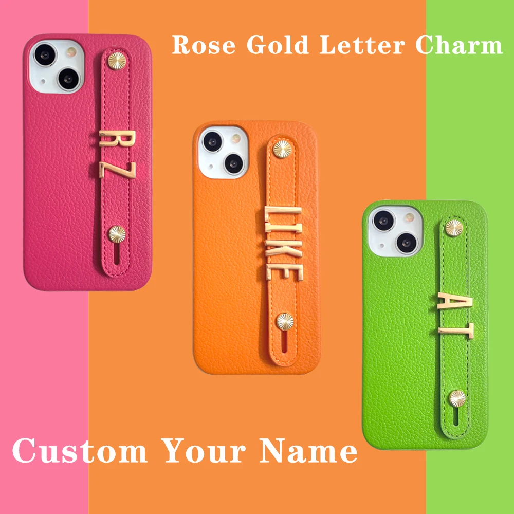 

Luxury Customized Your Name Rose Gold Metal Letters Leather Phone Case For Iphone 13 12 11 14 15 16 Pro Max Mini Se Cover Funda