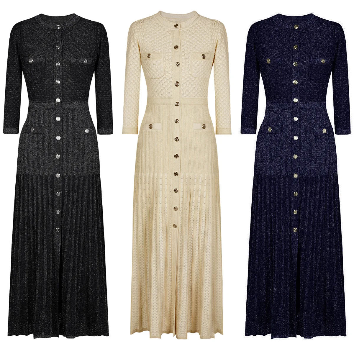 UK Fashion Vestidos 2026 Tendencias Elegant Knit Maxi Dress for Women Button Down Long Sleeve Pleated Bodycon Party Dresses