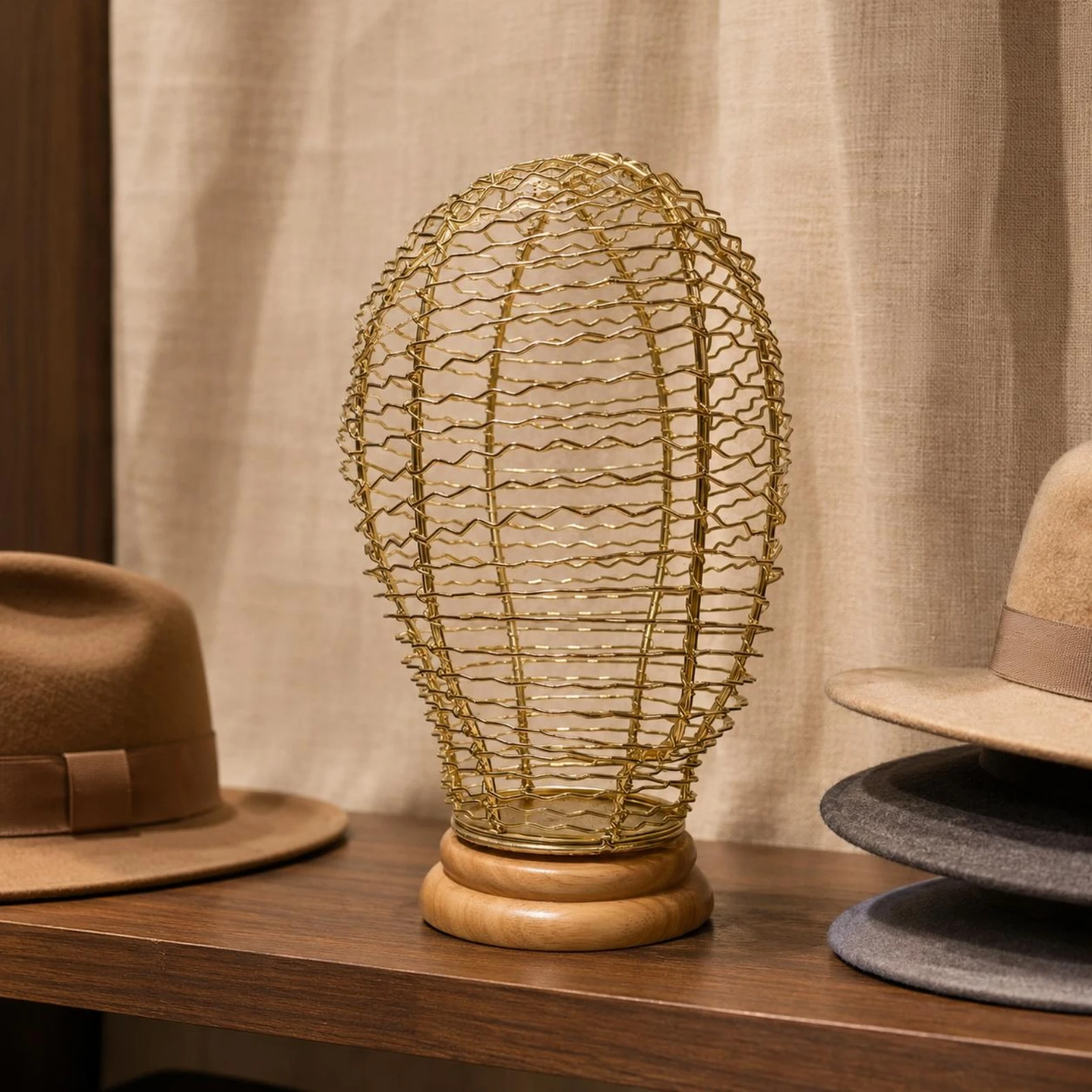 

Wire Mannequin Head Wavy Wood Base Hat Stand Wire Hat Stand Decorative Design Lightweight