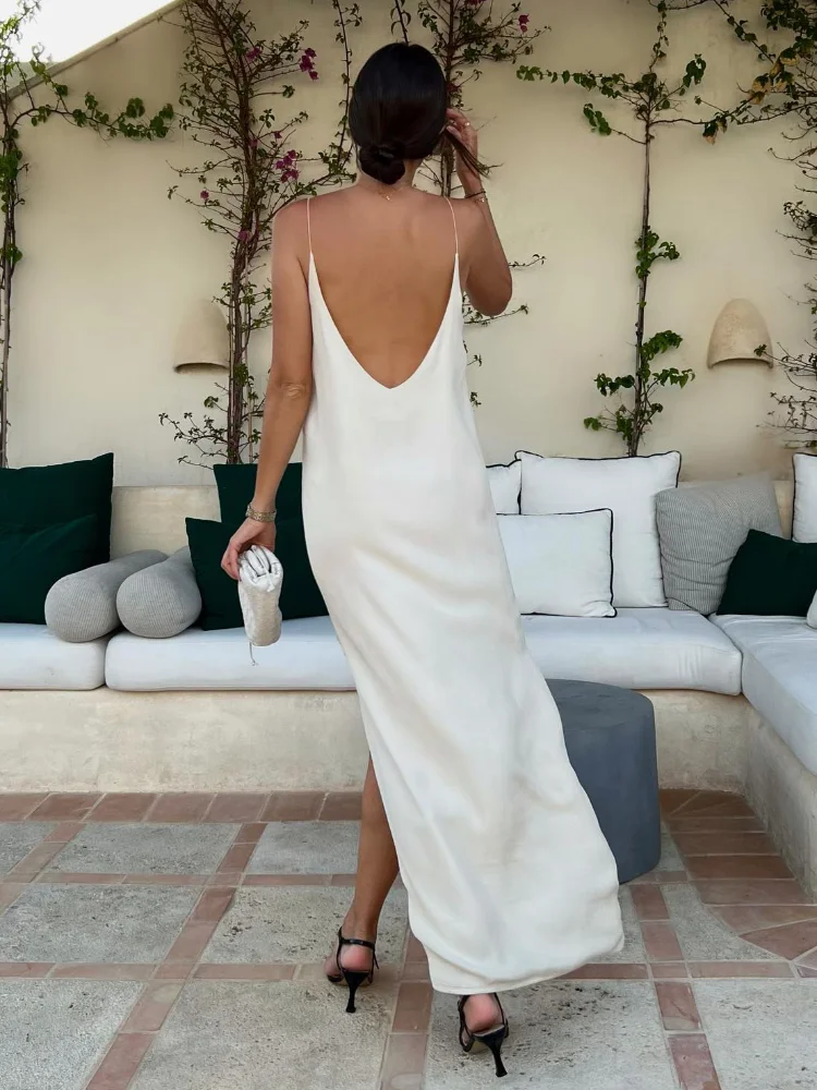 Sexy Women Backless Split Solid Sling Maxi Dress Chic V Neck Sleeveless Loose Long Dresses Elegant Lady Party Vacation Robes