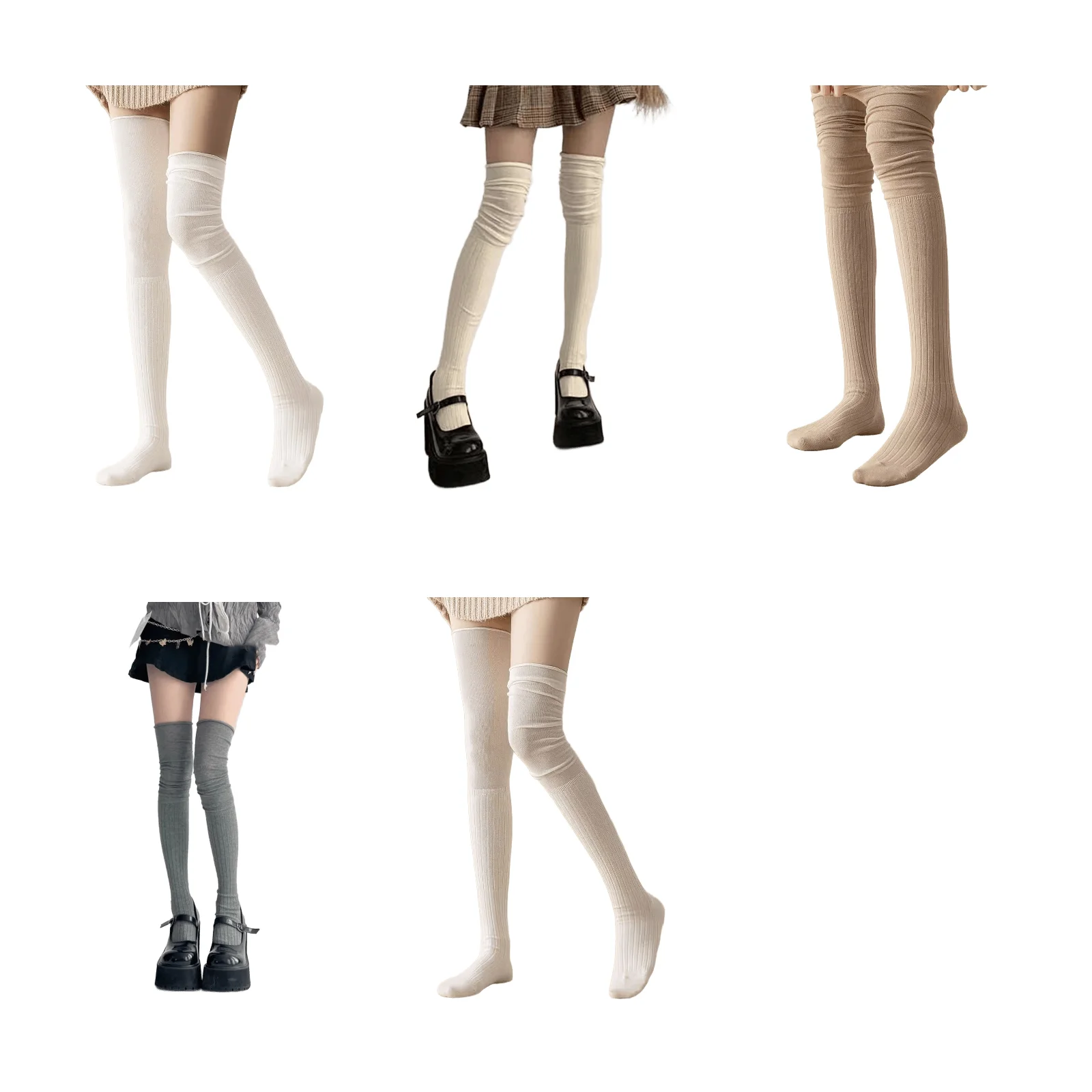 Autumn and winter knitted non-slip thigh socks 5-color combination pack (white/milk apricot/khaki/smoke gray/milk white)