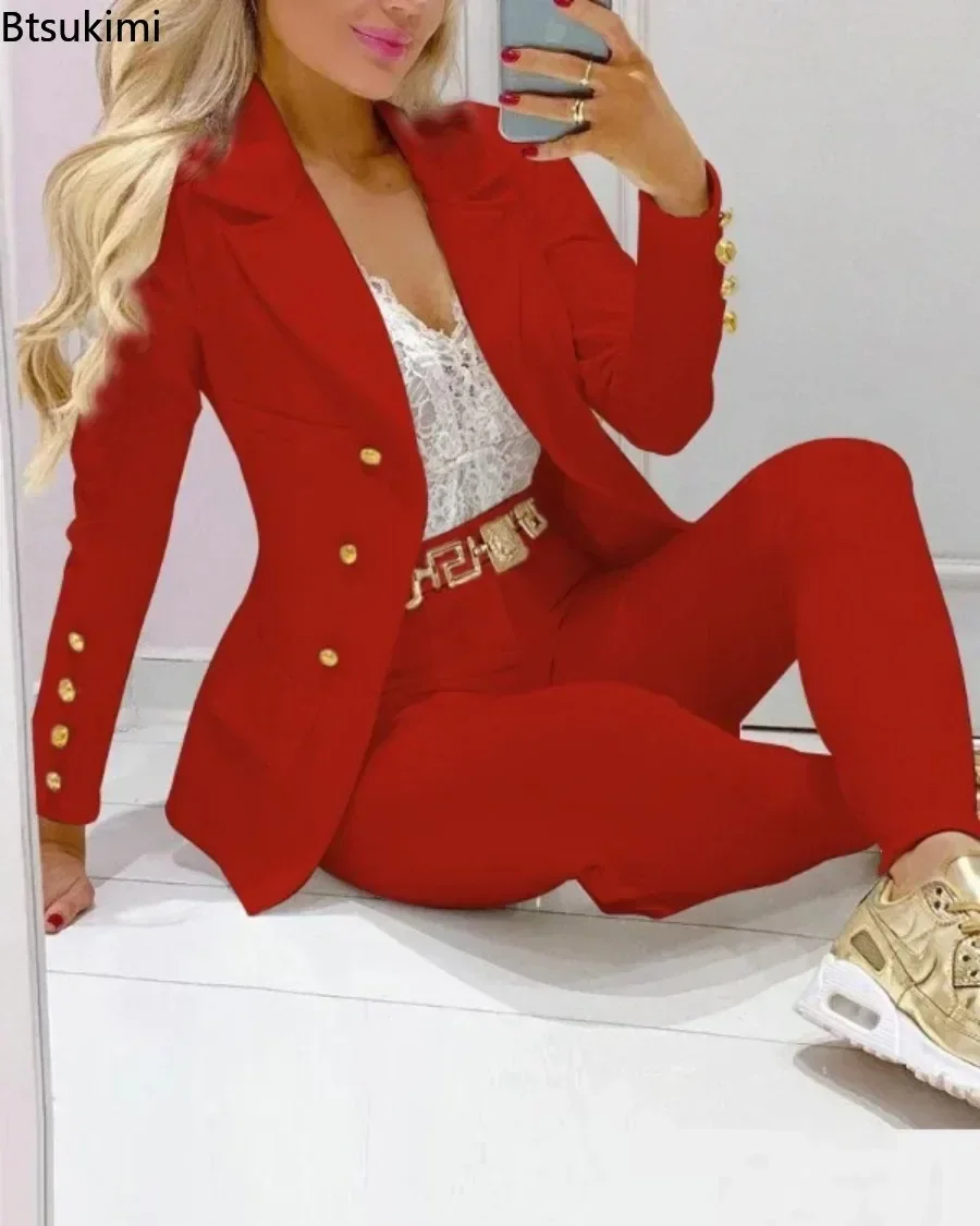 2024 Women\'s 2pcs Tracksuits Solid Long Sleeve Blazer Pants Suit Sets Office Lady Tracksuit Two Piece Set Fitness Outfits Woman