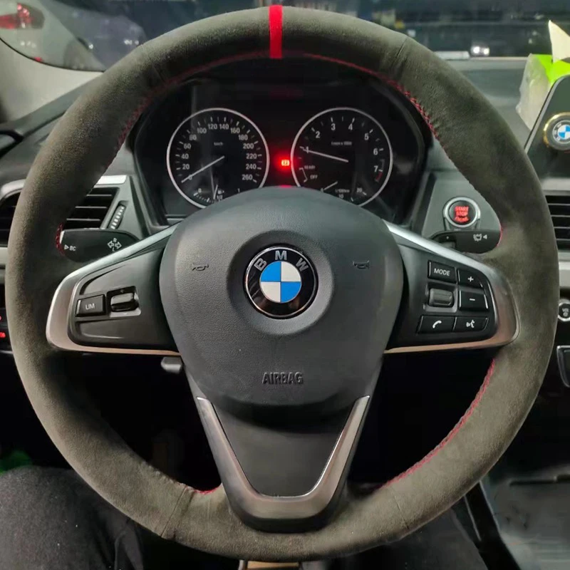 For BMW F45 F46 X1 F48 X2 F39 2 Series 2014-2021 Hand Stitched black white Genuine Leather Anti slip Car Steering Wheel Cover